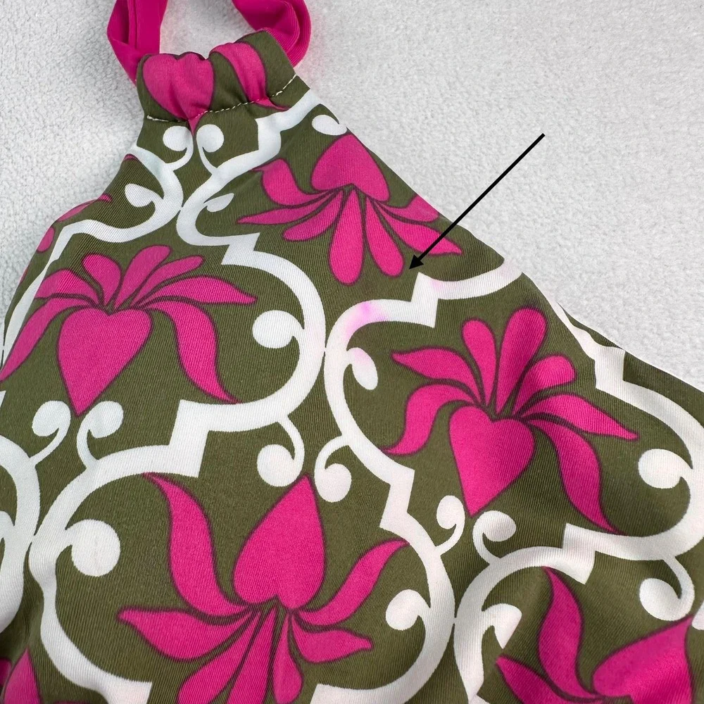 Lands End‎ Tankini Swim Top Womens Sz Lg Pink Olive Green Floral Damask Halter